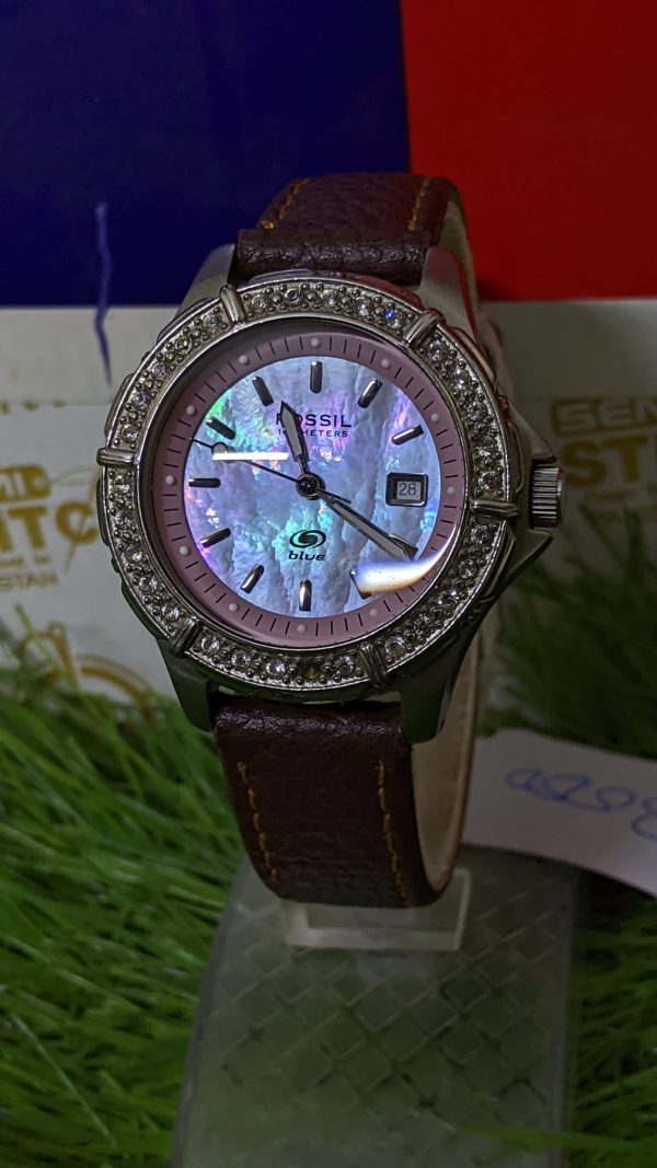 Fossil Blue Watch Women Silver Tone Date Pink Pave Bezel 100M